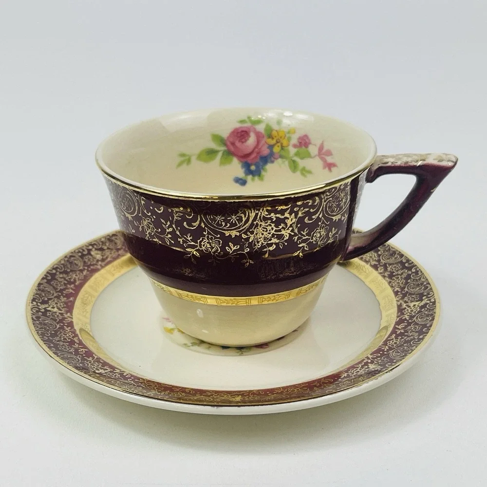 Century by Salem Aristocrat‎ 23 Karat Gold Tea Cup and Saucer Floral Crazing